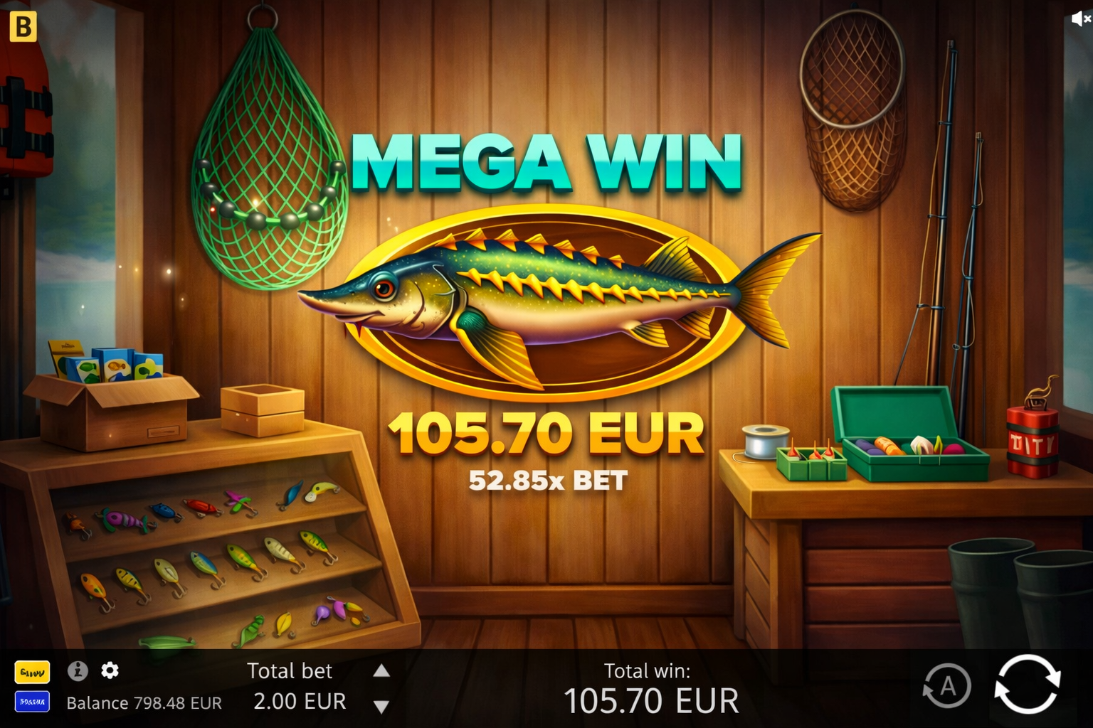 Fishing Club 2 big win payout example showing reel results