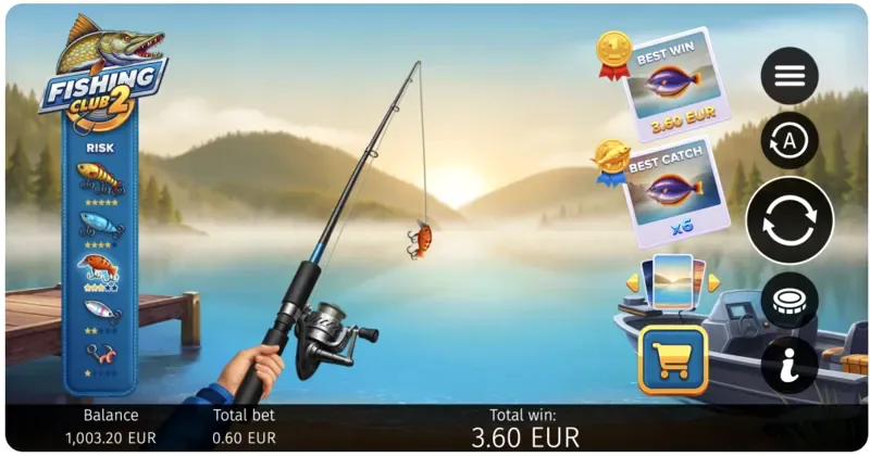 Fishing Club 2 main gameplay screen showing lake view, risk level panel, Best Catch and Best Win trackers