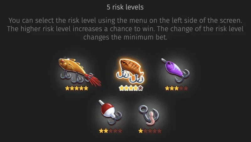 Fishing Club 2 five risk levels selector with star ratings and bait icons